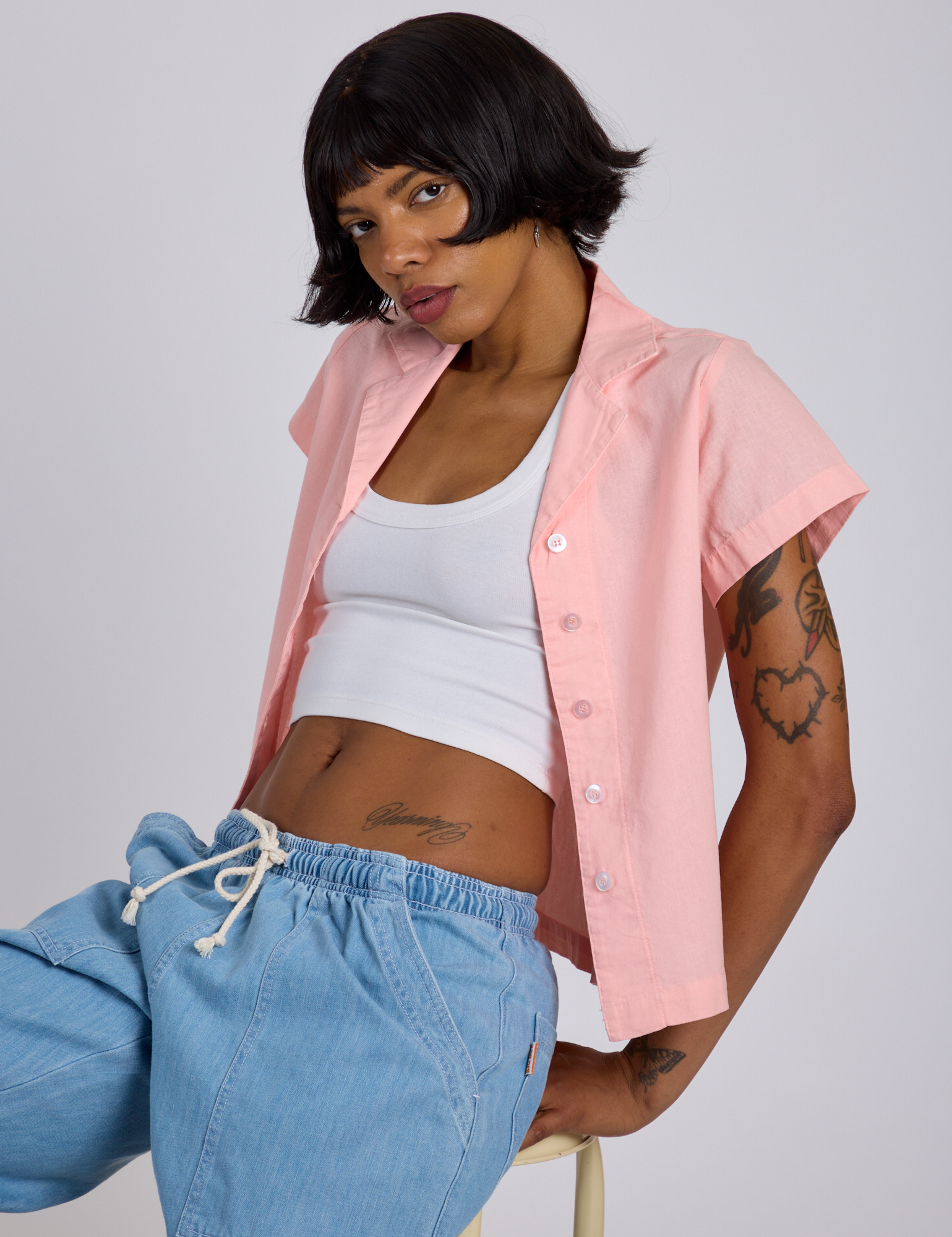 Pantry Button-Up in Baby Pink worn by Kira