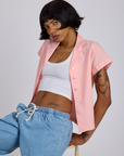Pantry Button-Up in Baby Pink worn by Kira