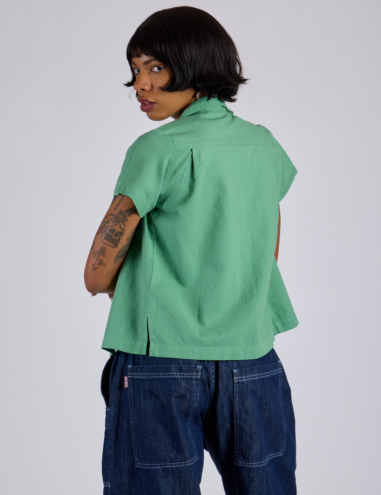 Pantry Button-Up in Seafoam Green back view on Kira