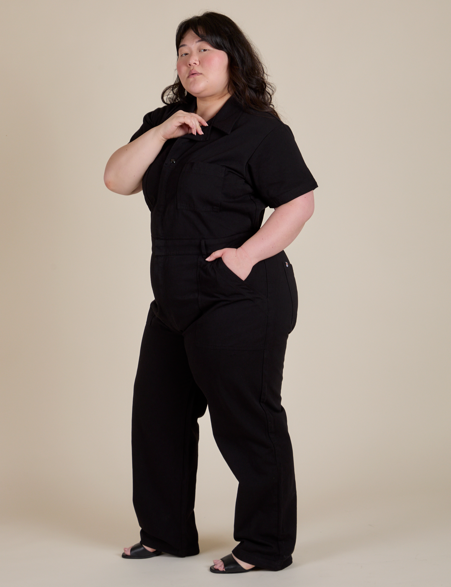 Short Sleeve Jumpsuit in Basic Black side view on Ashley