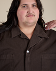 Front close up of Short Sleeve Jumpsuit in Espresso Brown on Sam
