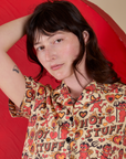 Front close up of Hot Stuff Print Pantry Button-Up on Alex