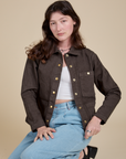 Alex is wearing Denim Work Jacket in Espresso Brown
