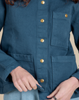 Denim Work Jacket in French Blue front close up on Alex
