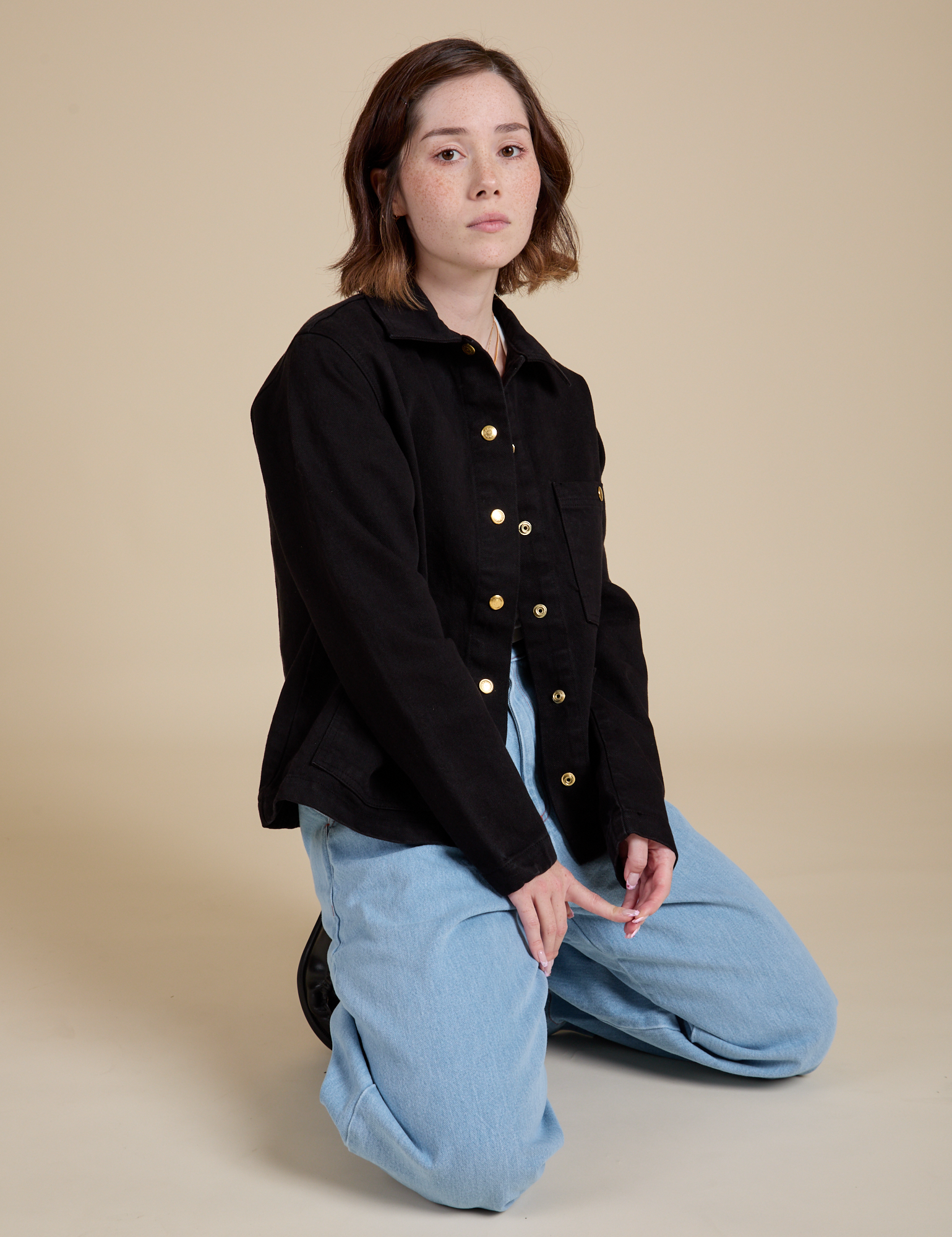 Hana is wearing Work Jacket in Basic Black