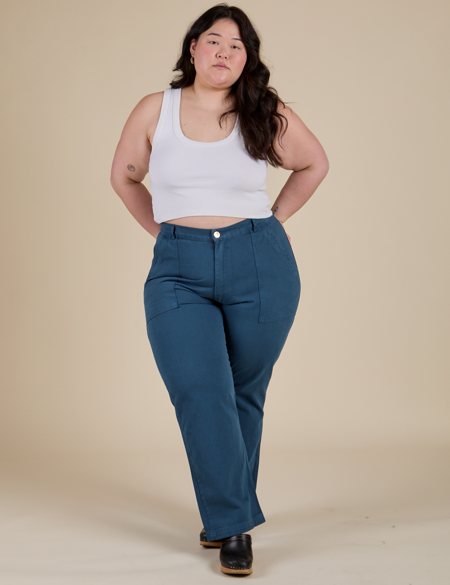 Work Pants in Lagoon and Cropped Tank in Vintage Tee White on Ashley