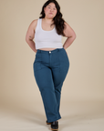 Work Pants in Lagoon and Cropped Tank in Vintage Tee White on Ashley