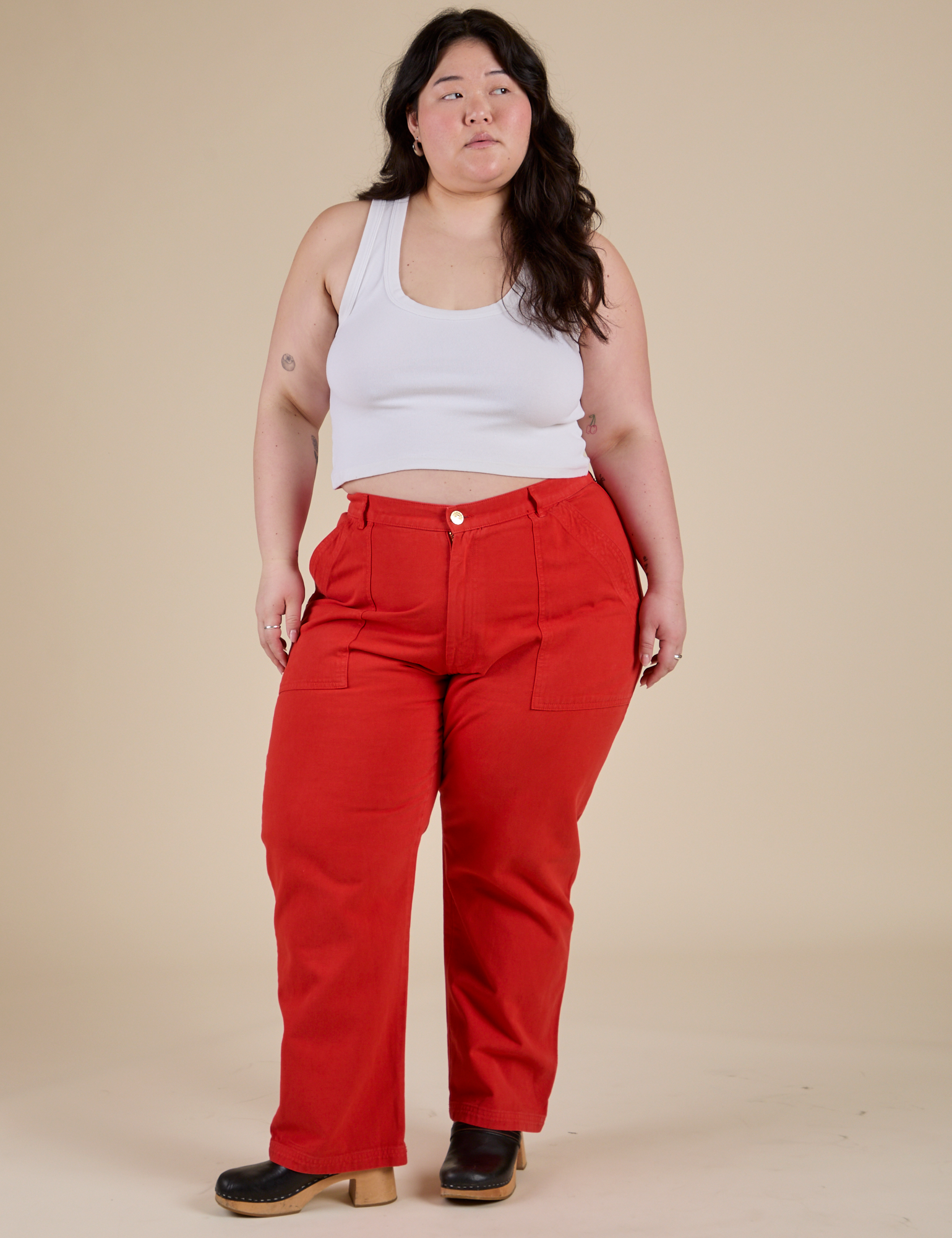 Work Pants in Mustang Red and Cropped Tank in Vintage Tee White worn by Ashley