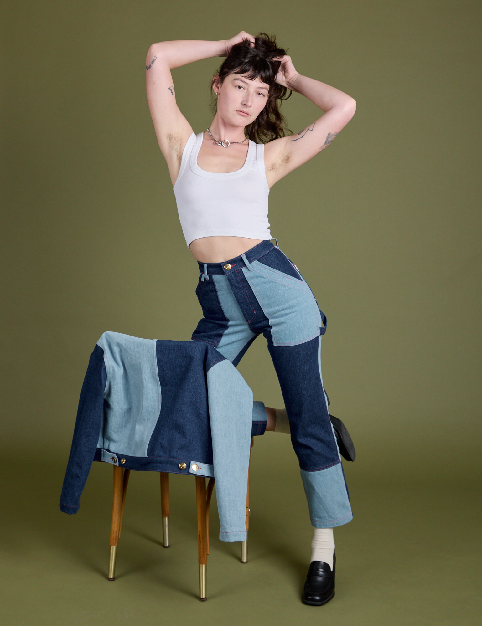 Mismatched Denim Carpenter Jeans and Cropped Tank in Vintage Tee White worn by Alex