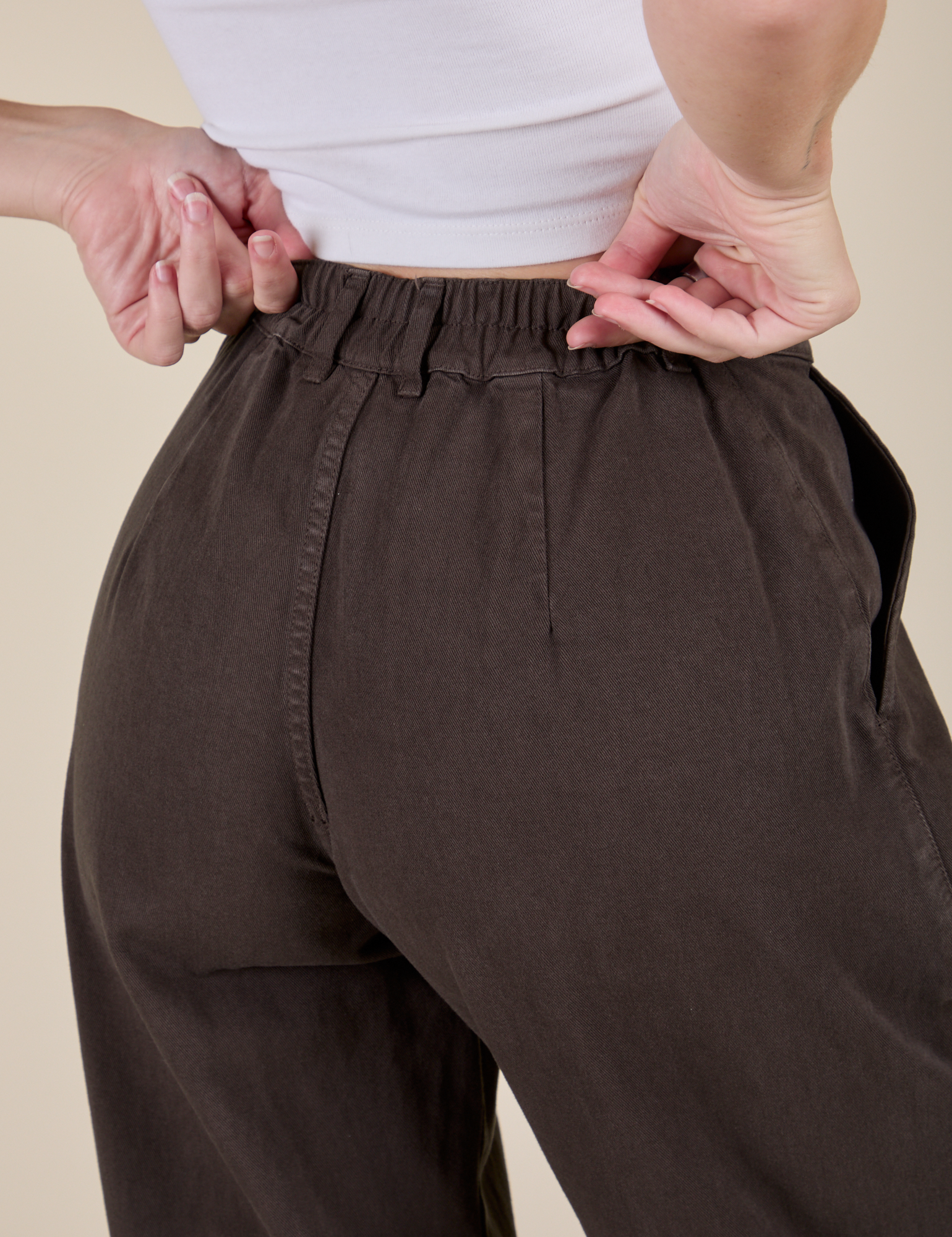 Back view close up of Heavyweight Trousers in Espresso Brown on Alex