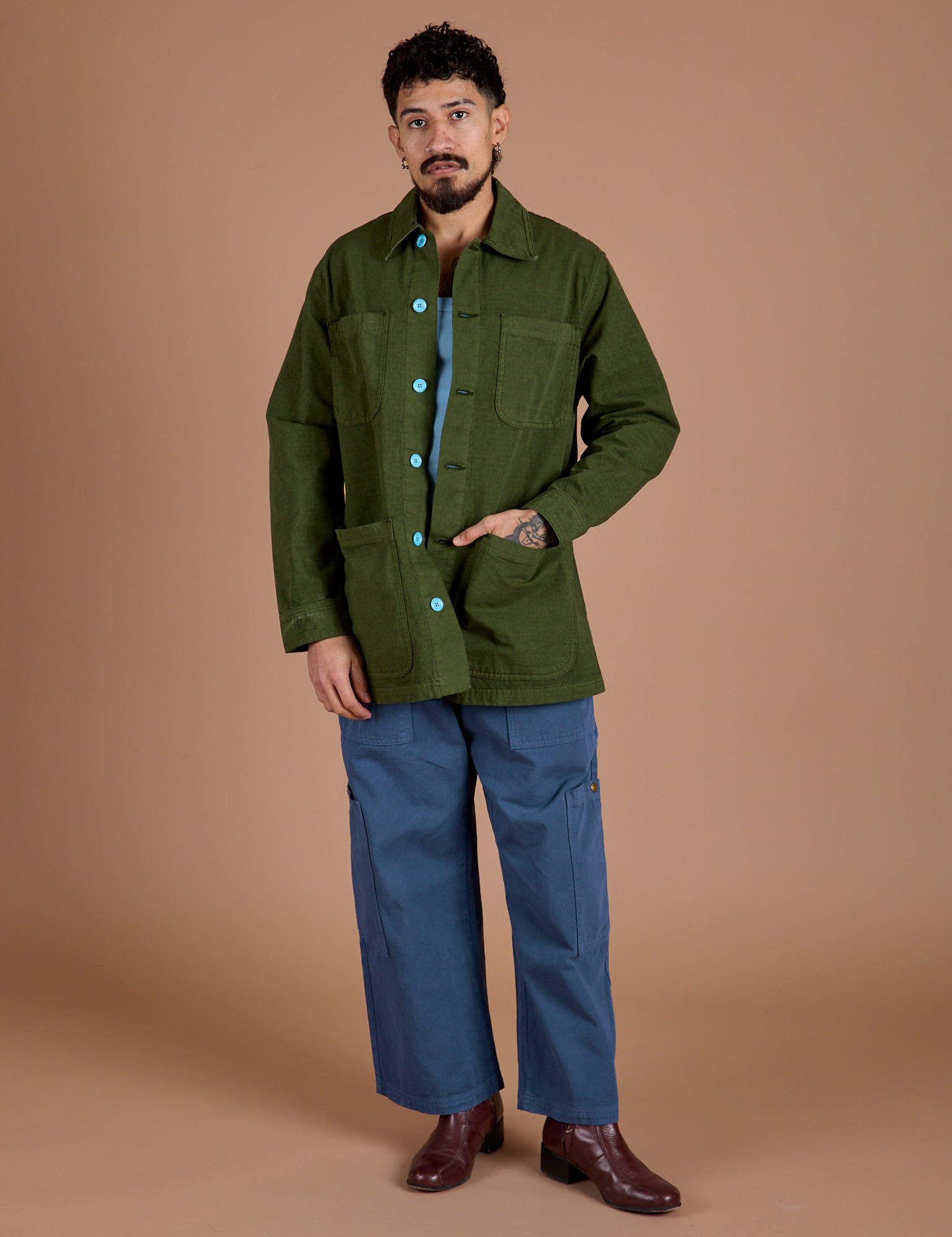 Ripstop Field Coat in Evergreen and french blue Drop Pocket Cargo Pants. on Jesse