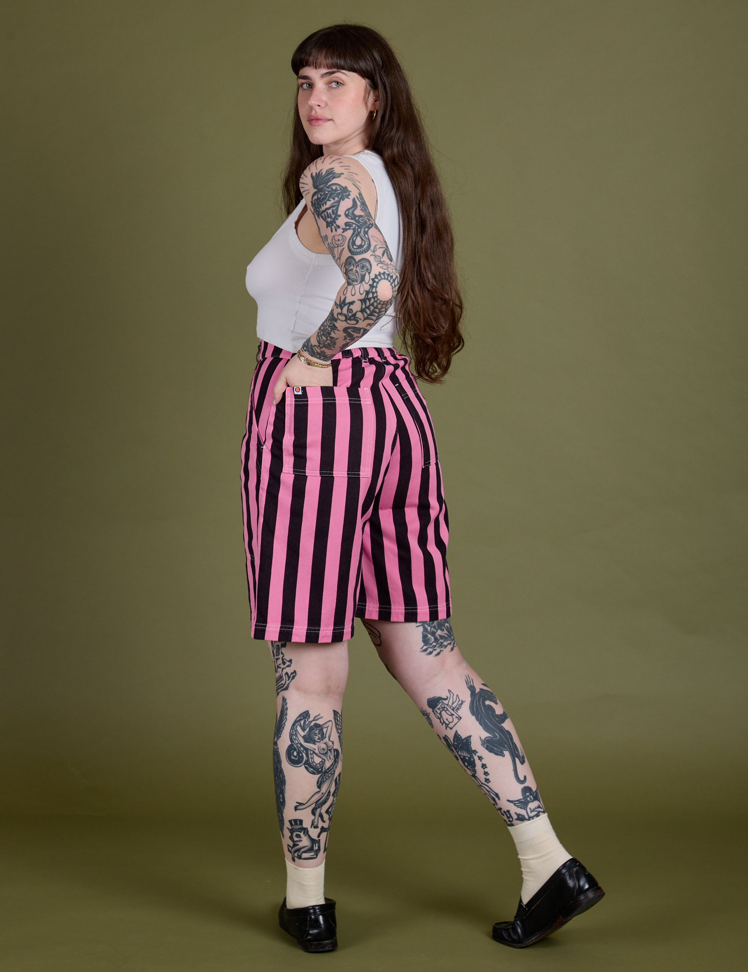 Longline Work Shorts in Bubblegum Pink angled back view on Sydney