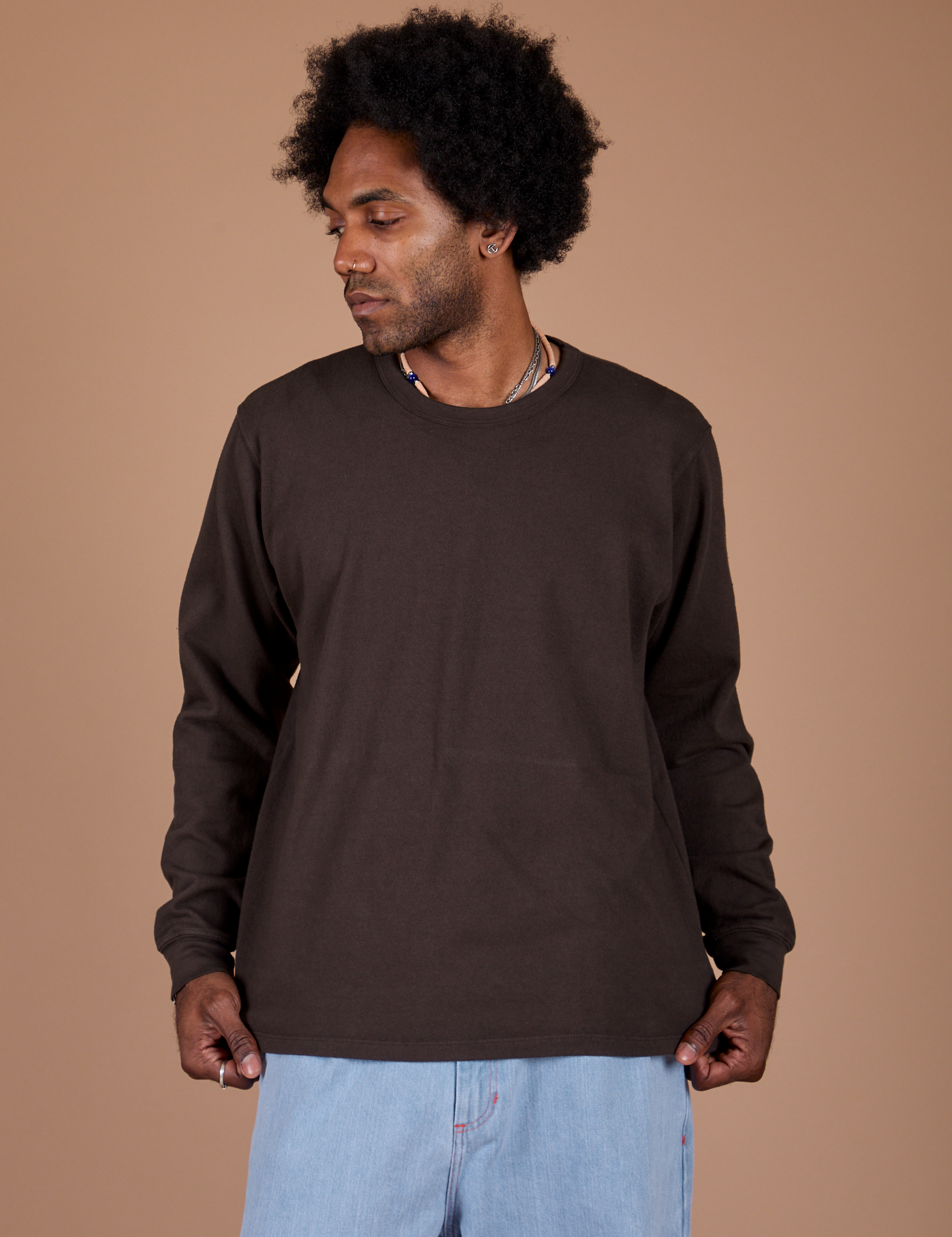 Long Sleeve Burly Tee in Espresso Brown on Jerrod