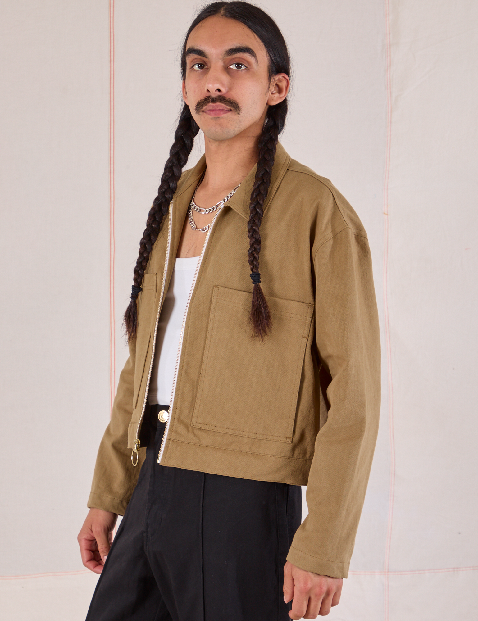 Mechanic Jacket in Desert Brown angled front view on Anthony