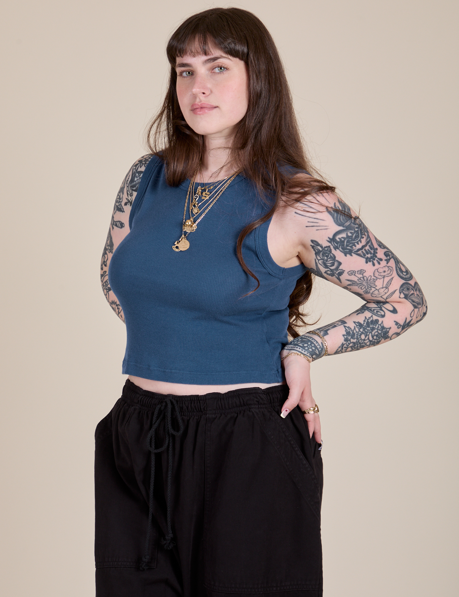 Angled front view of Muscle Tee in French Blue on Sydney