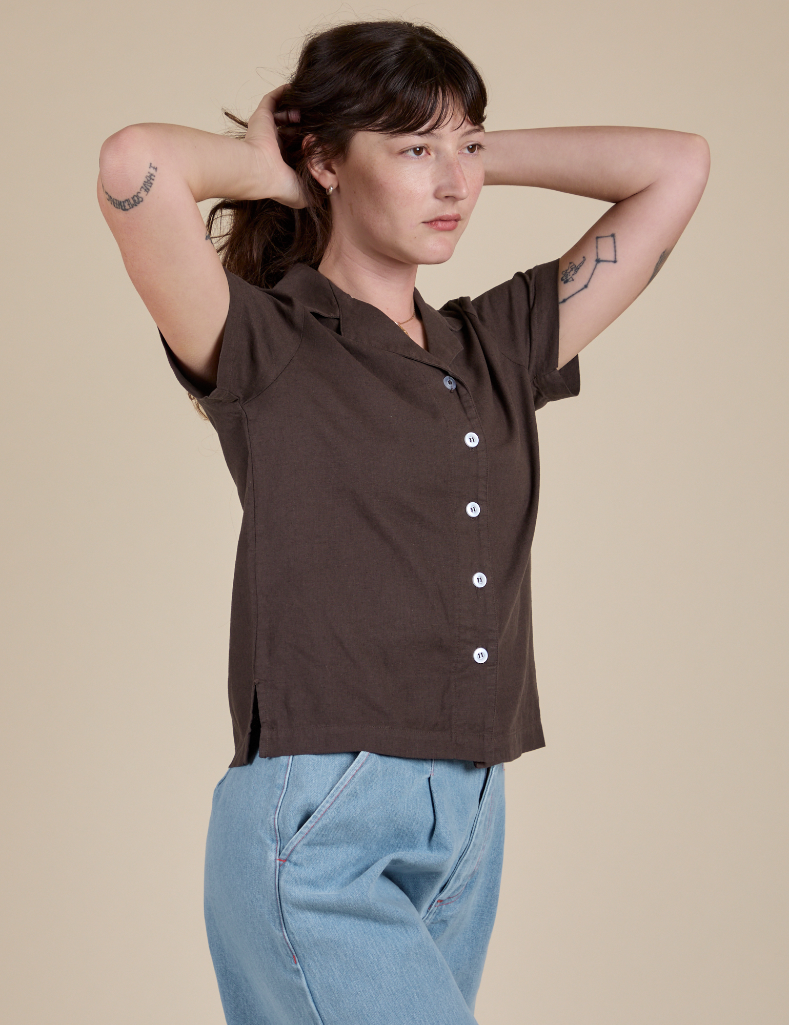 Pantry Button-Up in Espresso Brown angled front view on Alex