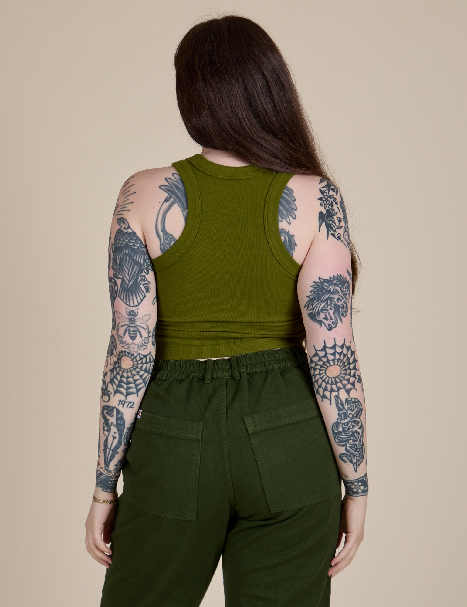 Racerback Tank in Summer Olive back view on Sydney