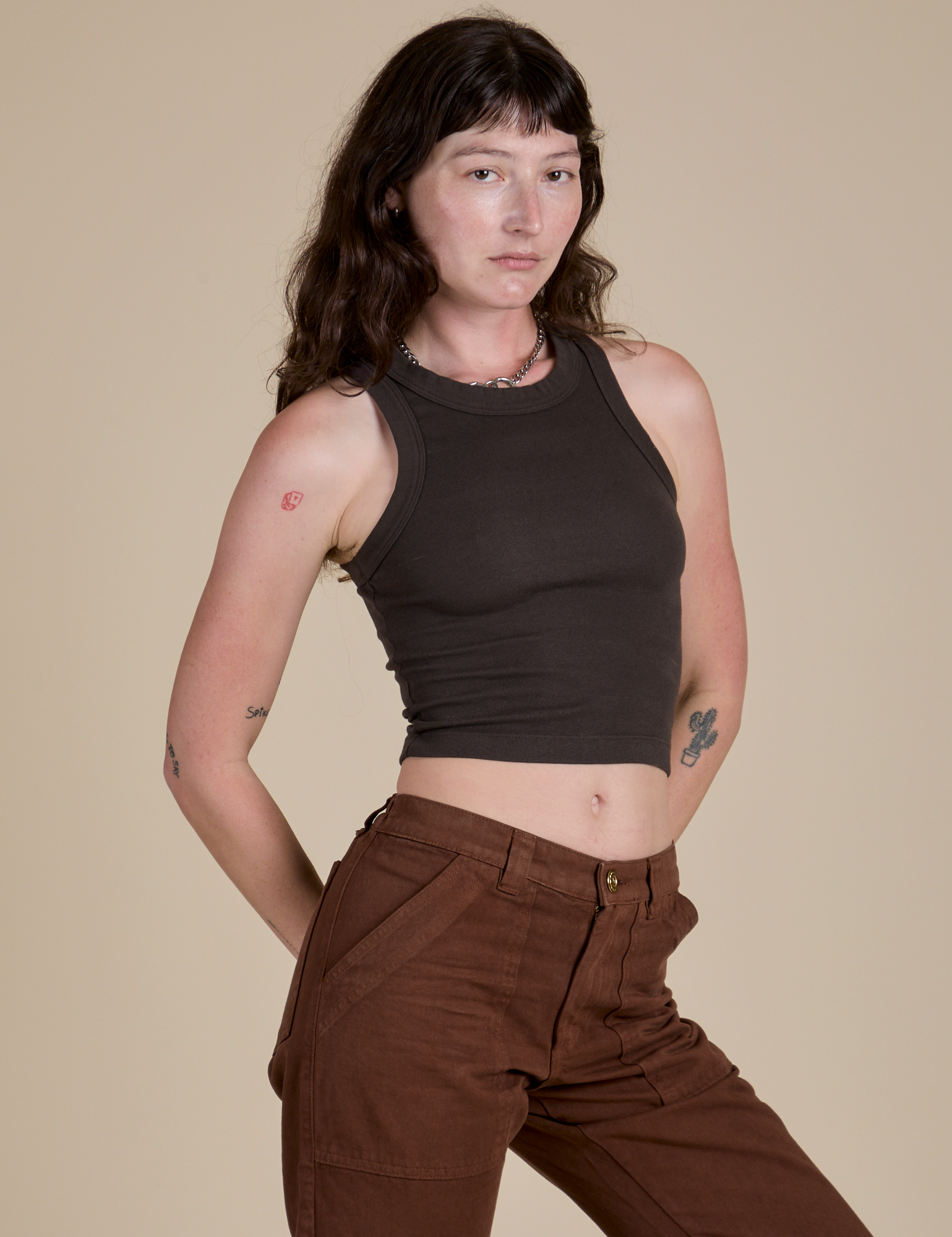 Racerback Tank in Espresso Brown angled front view on Alex