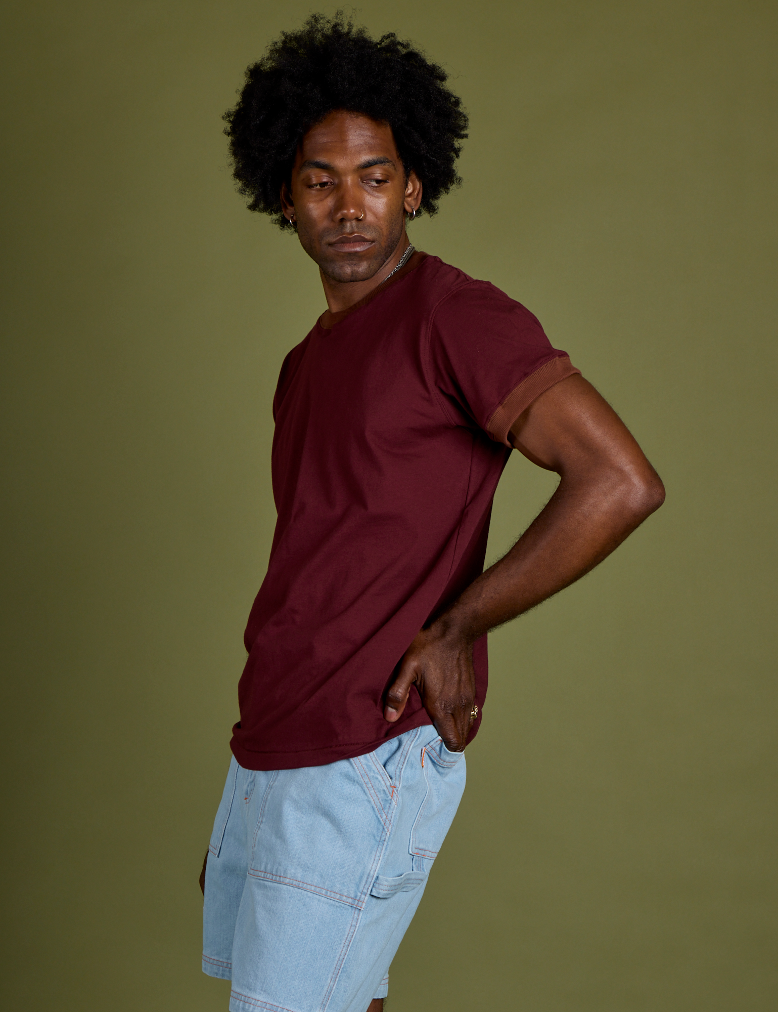 Side view of Vintage Ringer Tee in Red Wine on Jerrod