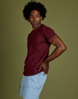 Side view of Vintage Ringer Tee in Red Wine on Jerrod