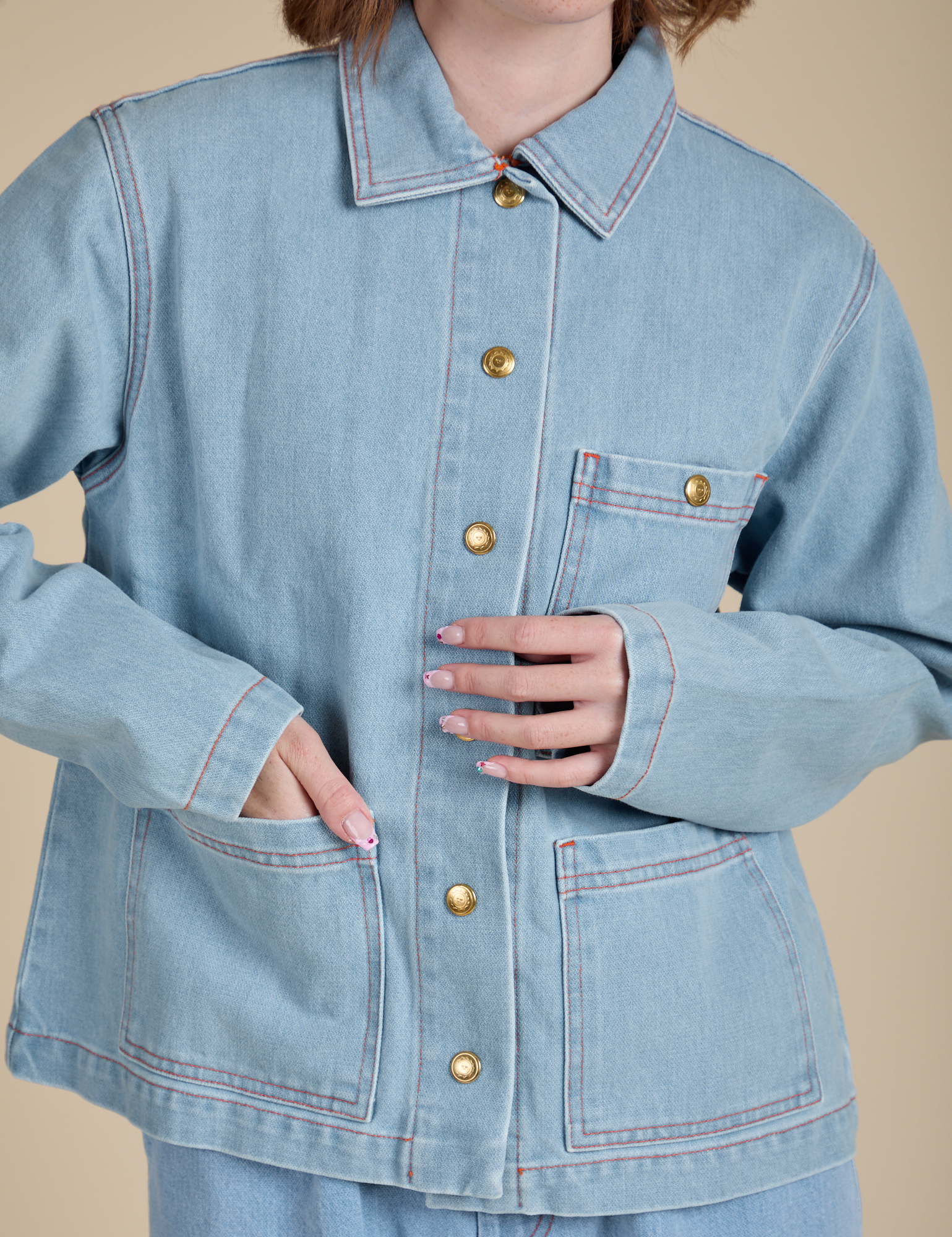 Indigo Denim Work Jacket in Light Wash on Hana