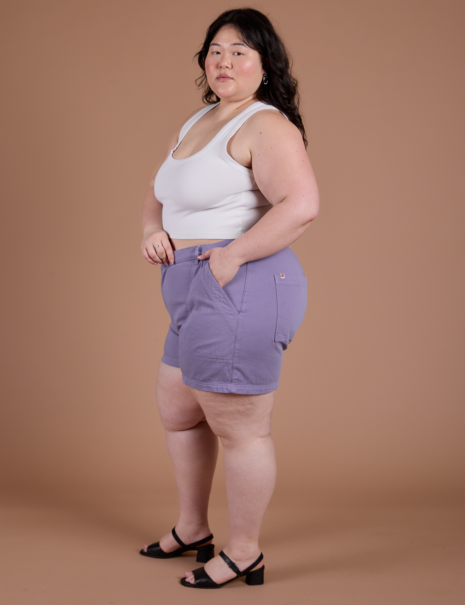 Side view of Classic Work Shorts in Faded Grape and Cropped Tank on Ashley