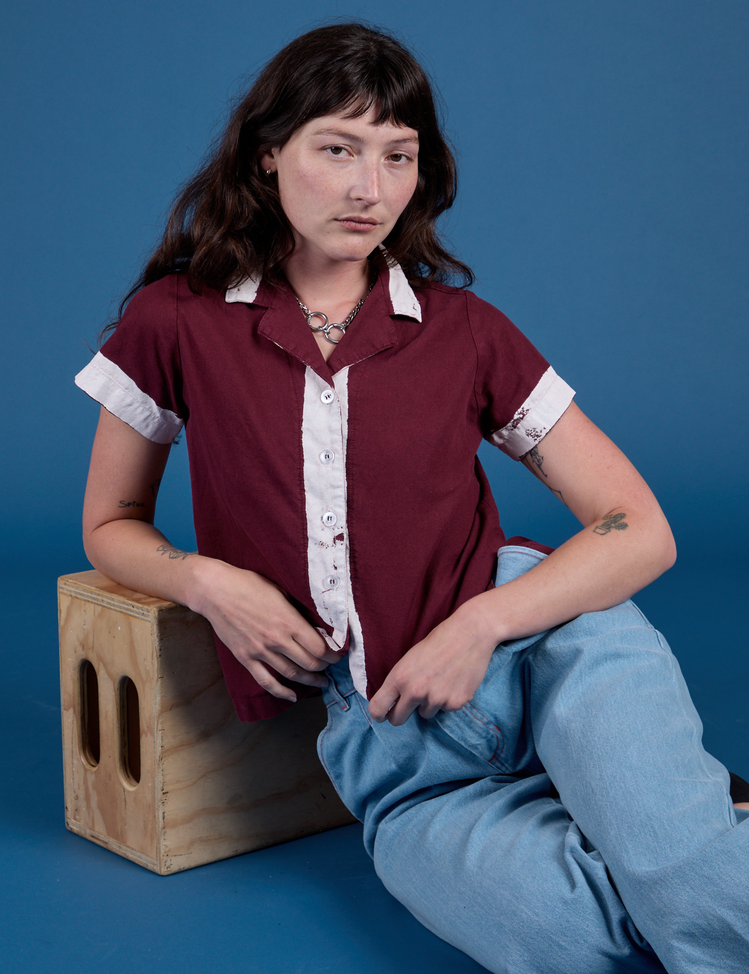 Painted Pantry Button-Up in Red Wine worn by Alex