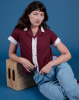 Painted Pantry Button-Up in Red Wine worn by Alex
