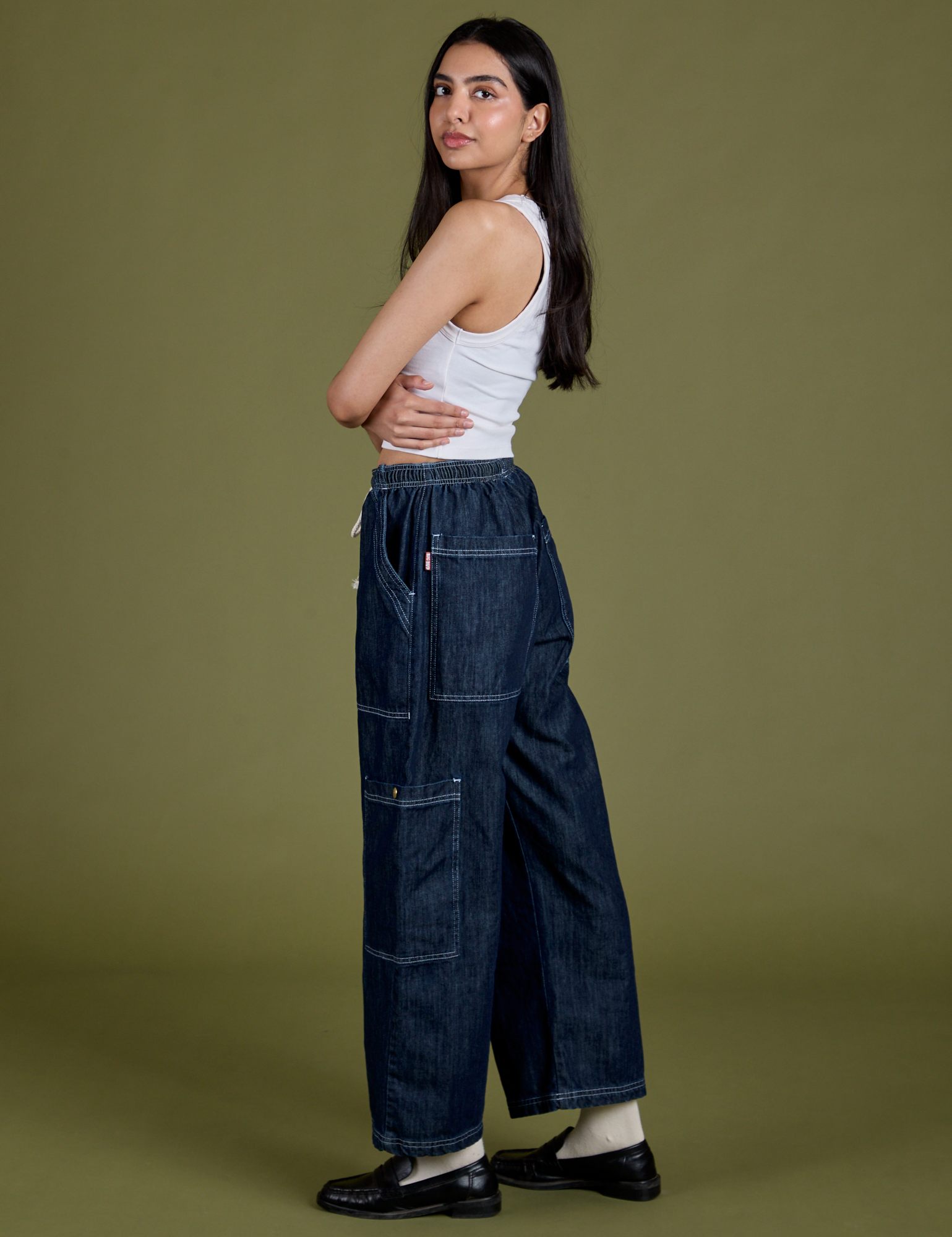 Denim Drop Pocket Pants in Dark Wash side view on Anjaline