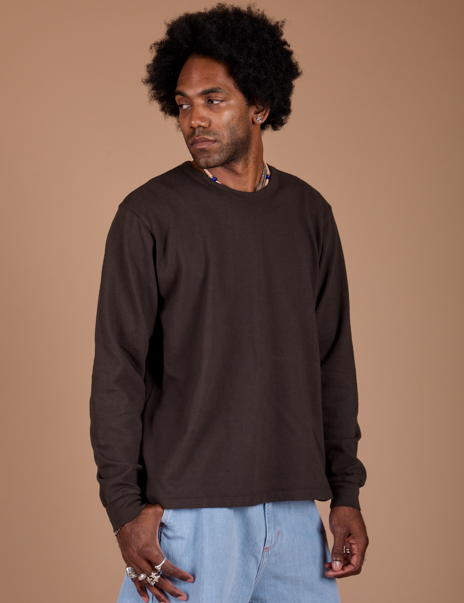 Long Sleeve Burly Tee in Espresso Brown angled front view on Jerrod