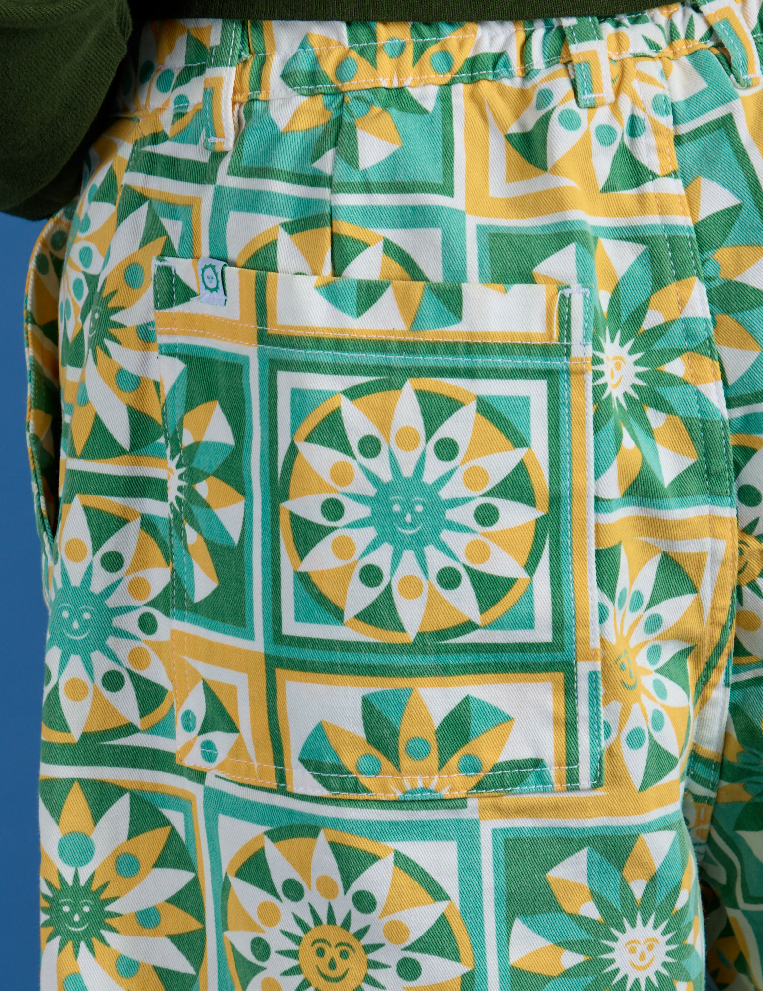 Back pocket close up of Longline Work Shorts in Spring Quilt Print on Jerrod