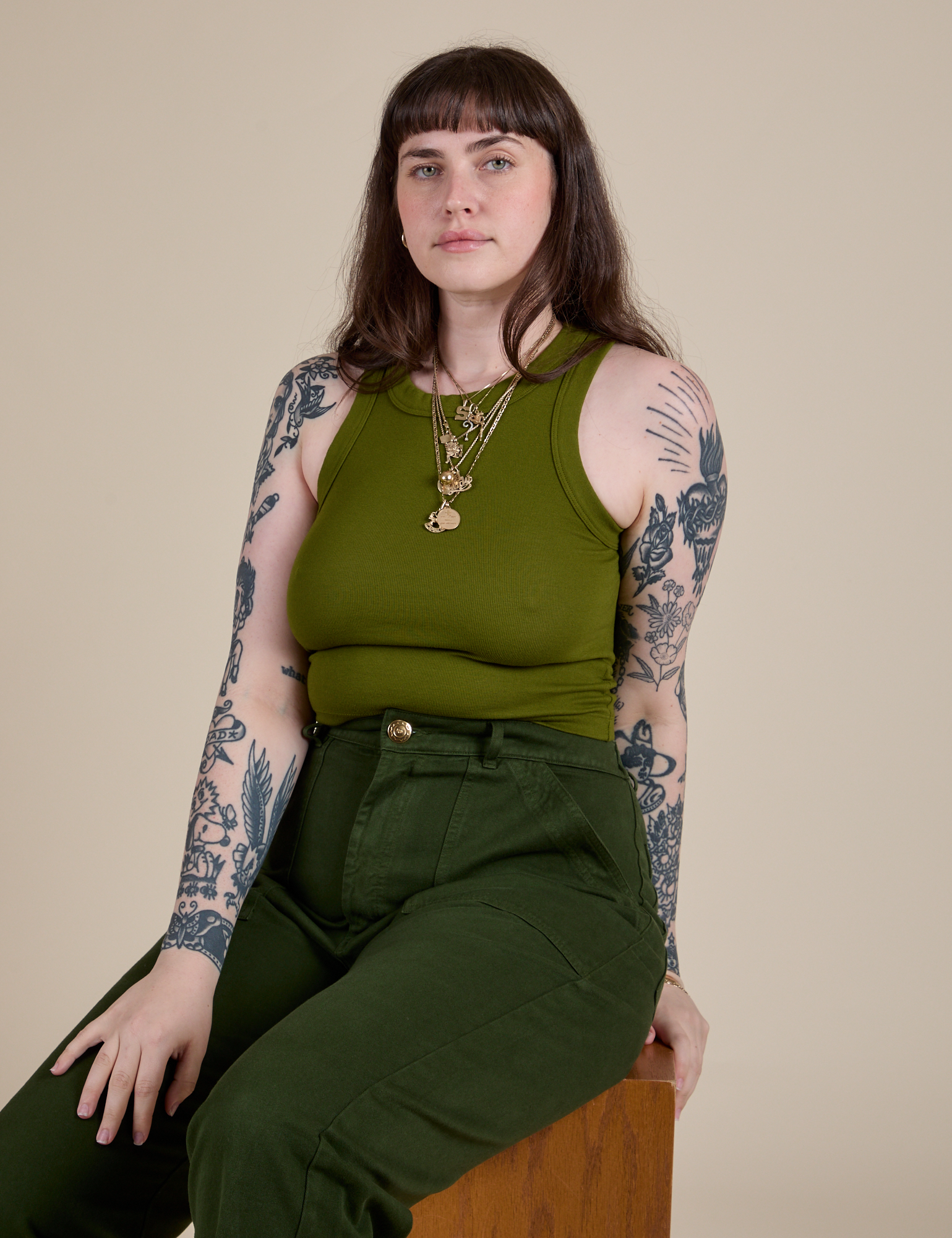Racerback Tank in Summer Olive and Work Pants in Swamp Green worn by Sydney