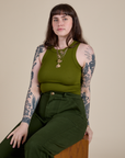 Racerback Tank in Summer Olive and Work Pants in Swamp Green worn by Sydney