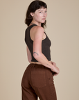 Racerback Tank in Espresso Brown angled back view on Alex