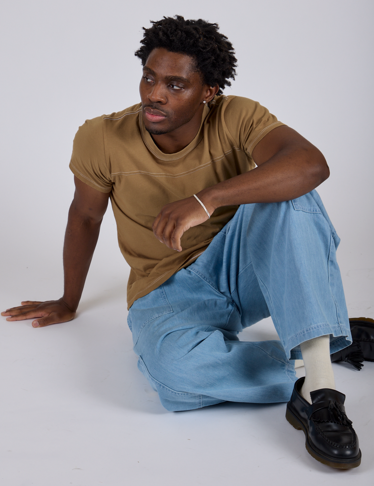 Jr. Varsity Tee in Desert Brown and Denim Drop Pocket Pants in Light Wash on Isaac
