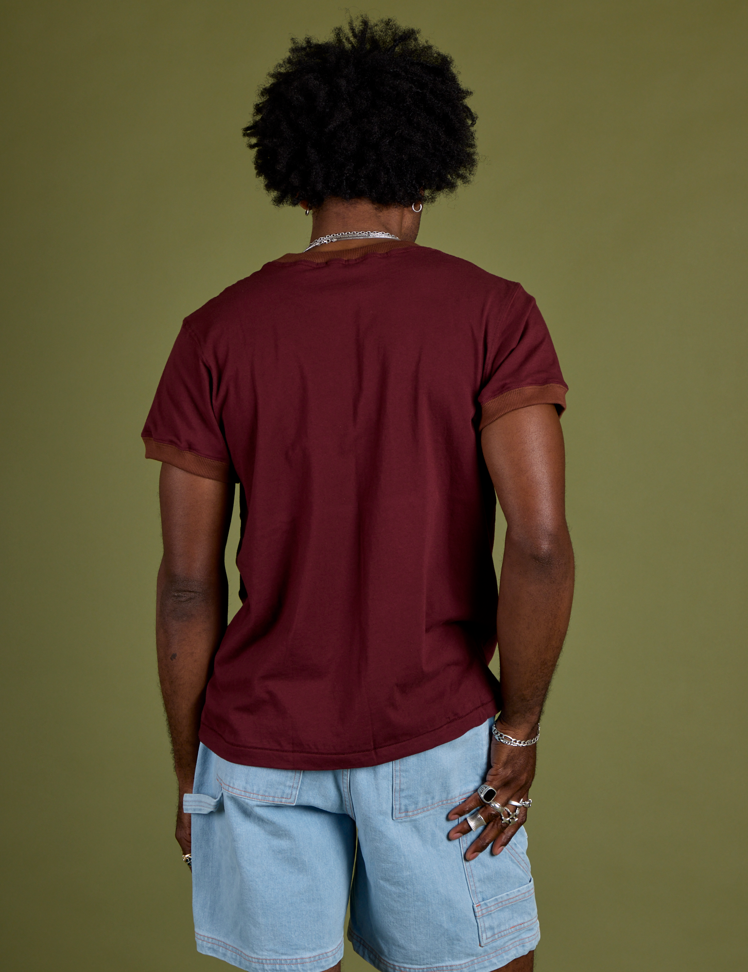 Back view of Vintage Ringer Tee in Red Wine on Jerrod