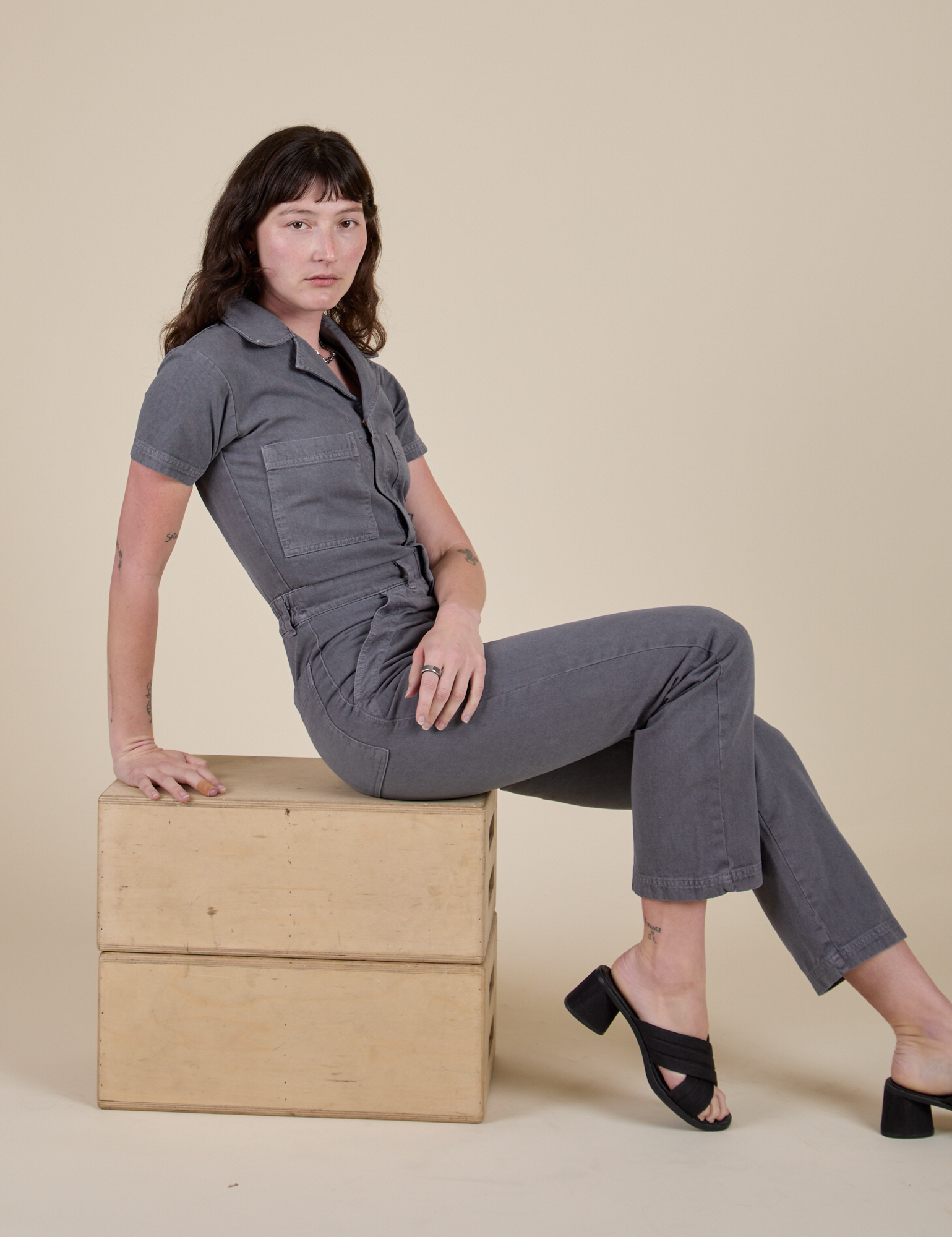 Short Sleeve Jumpsuit in Washed Grey worn by Alex