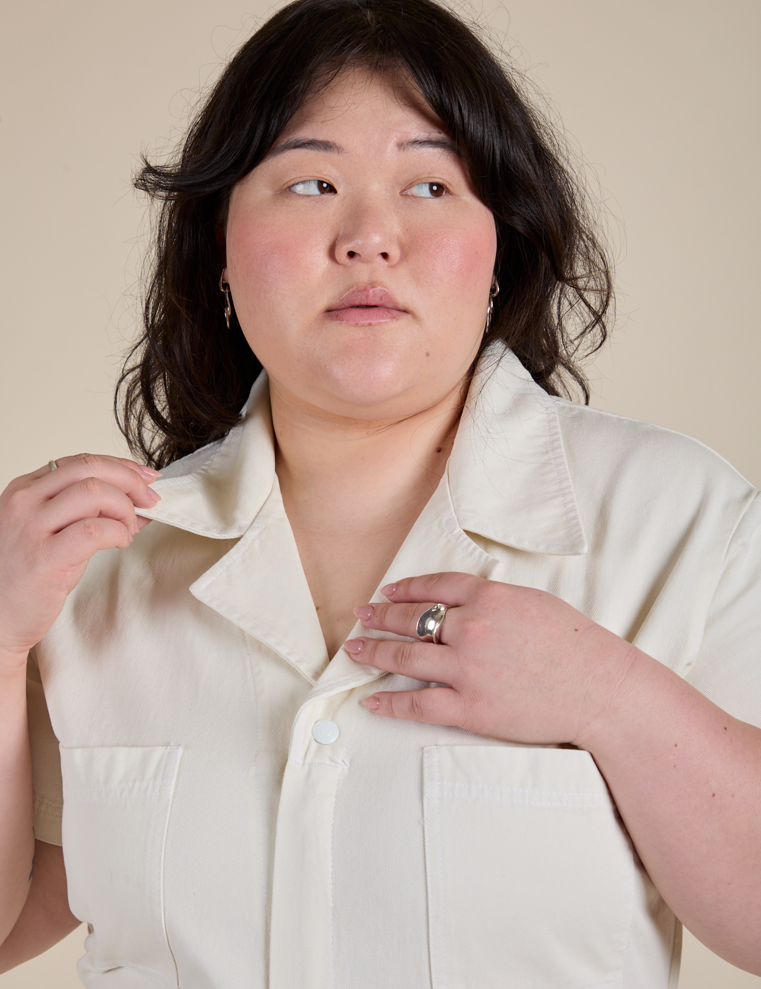 Short Sleeve Jumpsuit in Vintage Tee White front close up on Ashley
