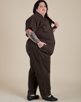 Side view of Short Sleeve Jumpsuit in Espresso Brown on Sam