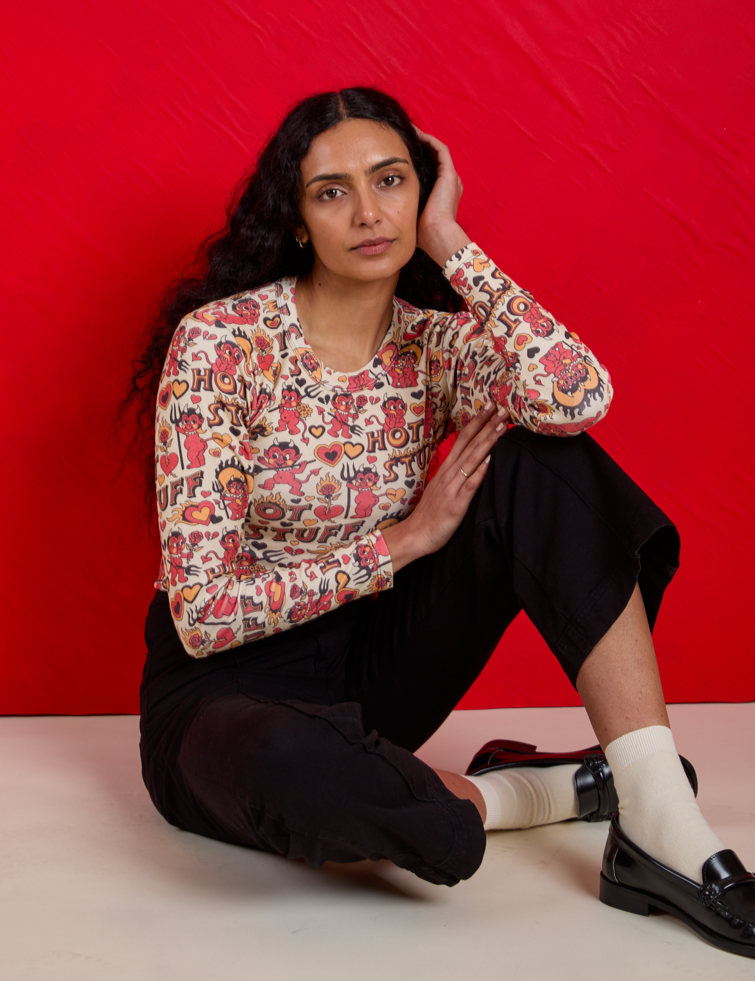 Long Sleeve Baby Tee in Hot Stuff Print and Western Pants in Black on Shahana
