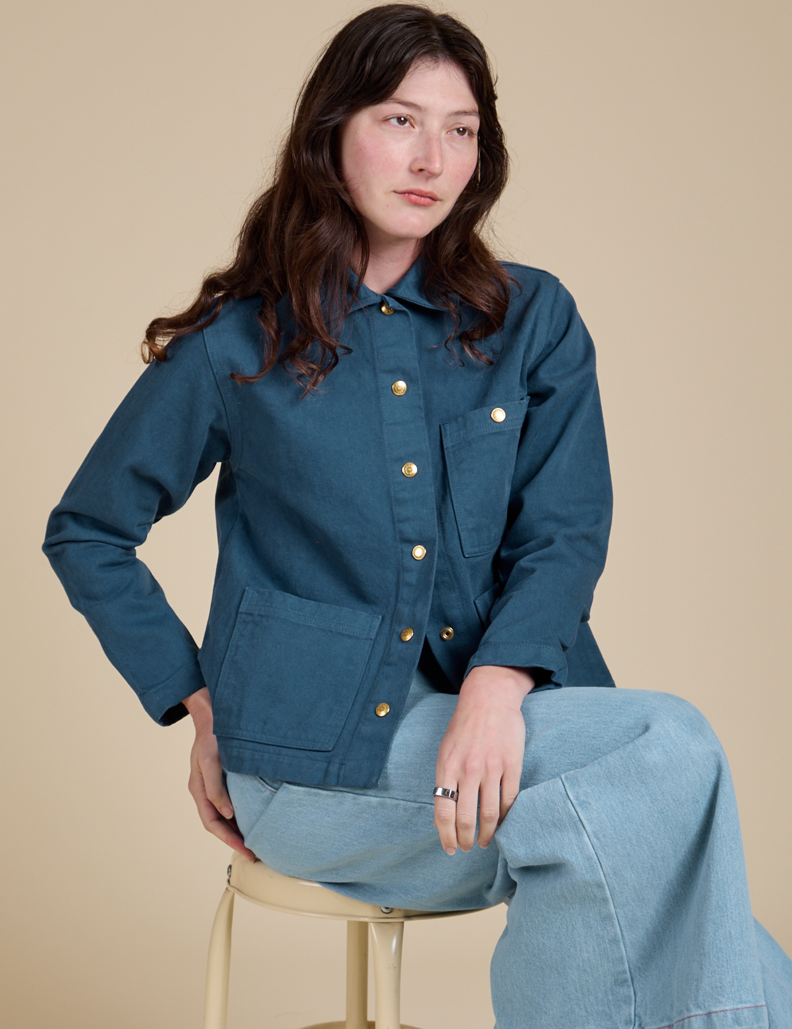 Denim Work Jacket in French Blue worn by Alex