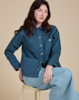 Denim Work Jacket in French Blue worn by Alex