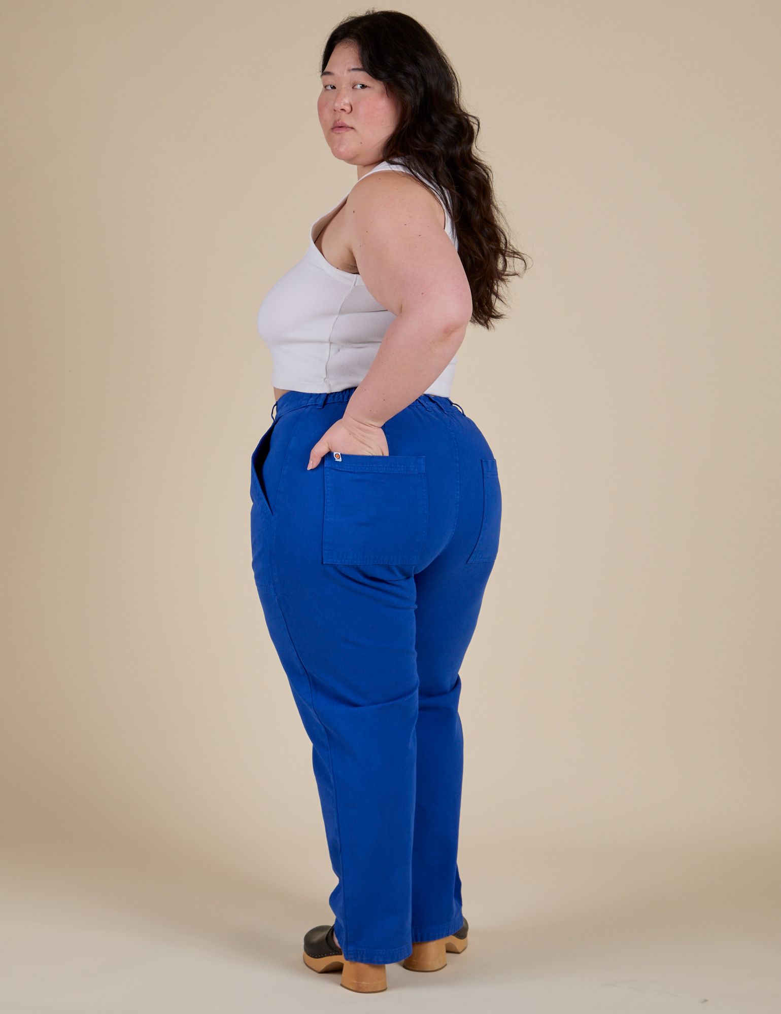 Angled back view of Work Pants in Royal Blue on Ashley