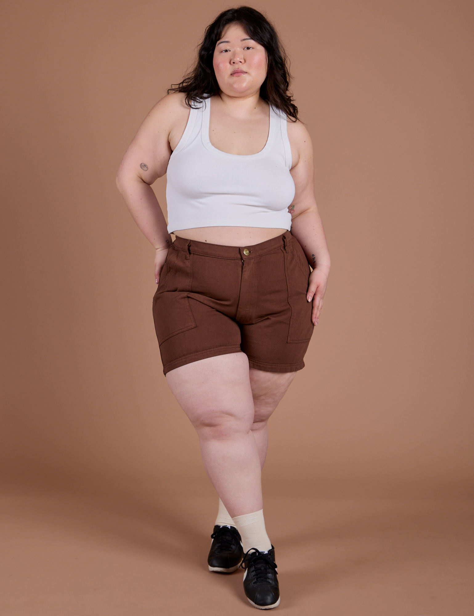 Classic Work Shorts in Fudgesicle Brown and Cropped Tank in Vintage Tee White on Ashley