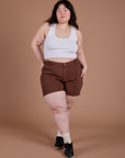 Classic Work Shorts in Fudgesicle Brown and Cropped Tank in Vintage Tee White on Ashley