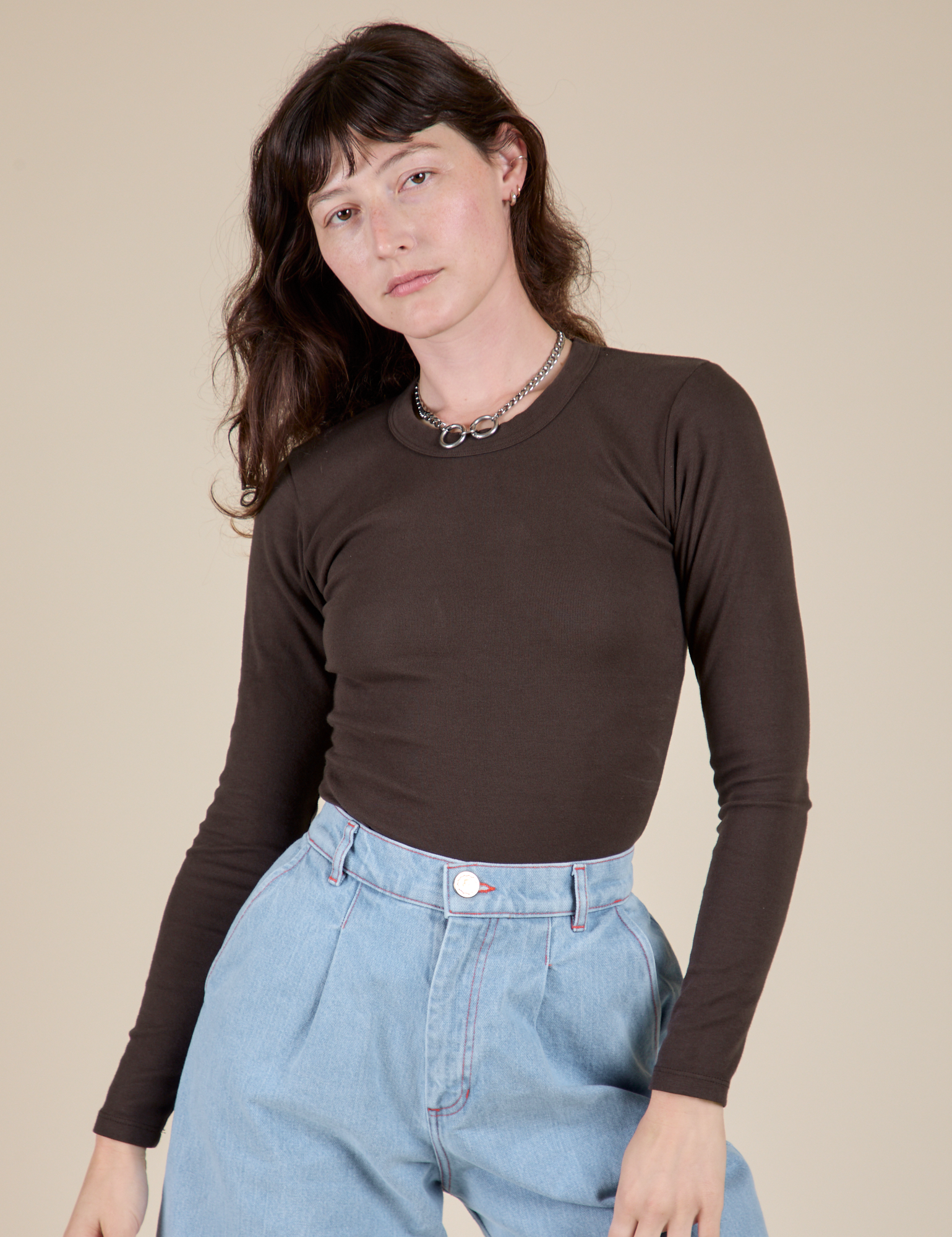 Long Sleeve Baby Tee in Espresso Brown on Alex