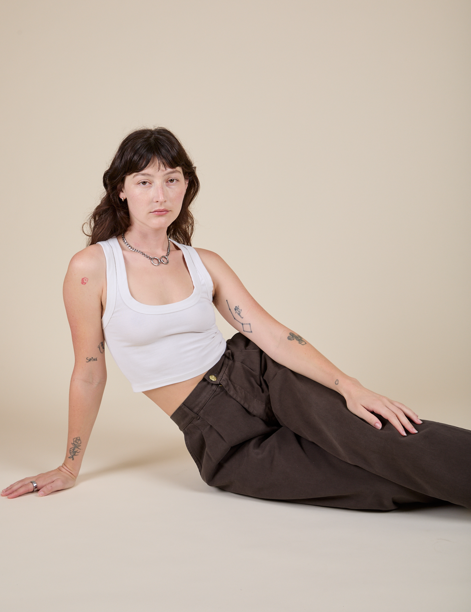 Heavyweight Trousers in Espresso Brown and Cropped Tank in Vintage Tee White worn by Alex