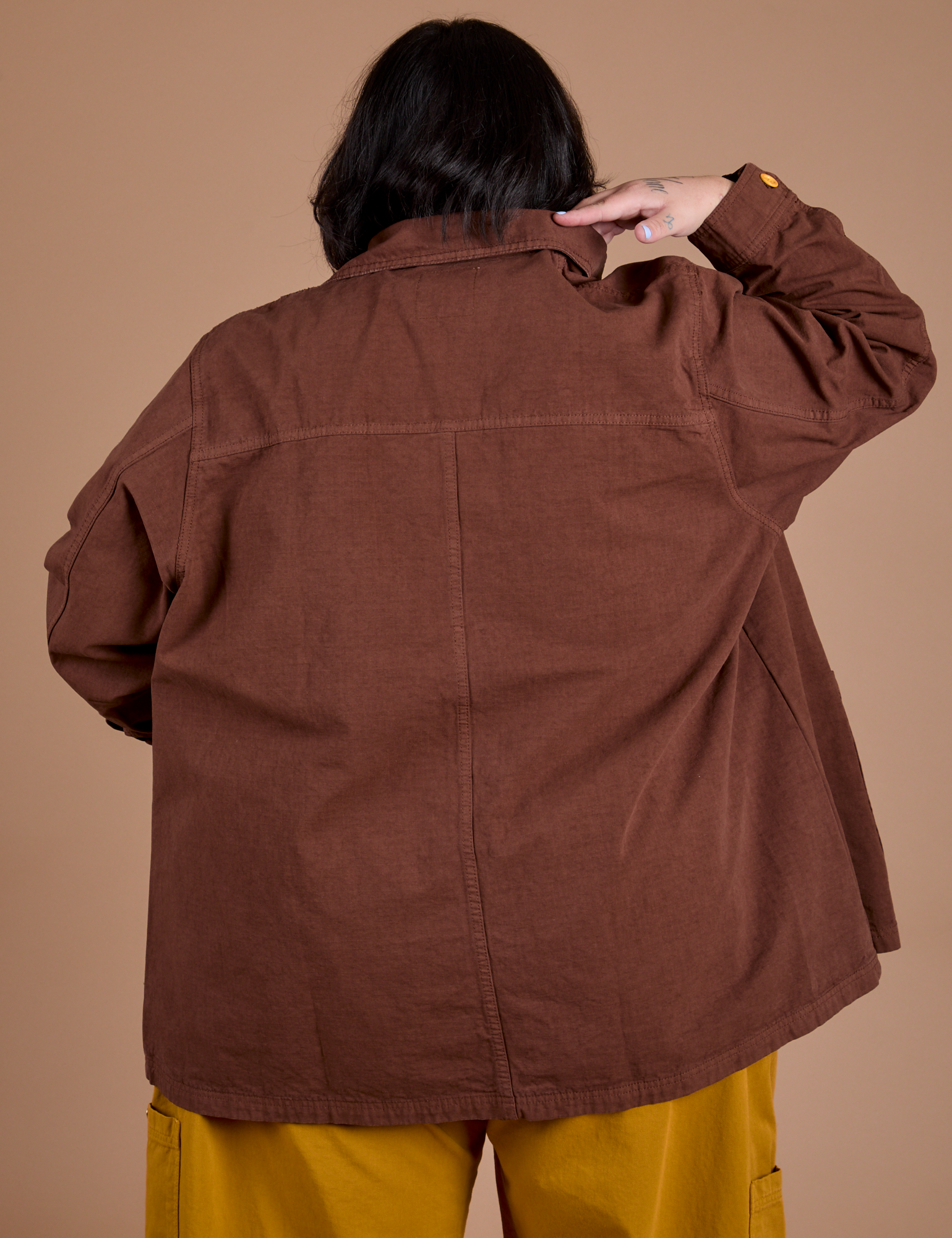 Ripstop Field Coat in Fudgesicle Brown back view on Sam
