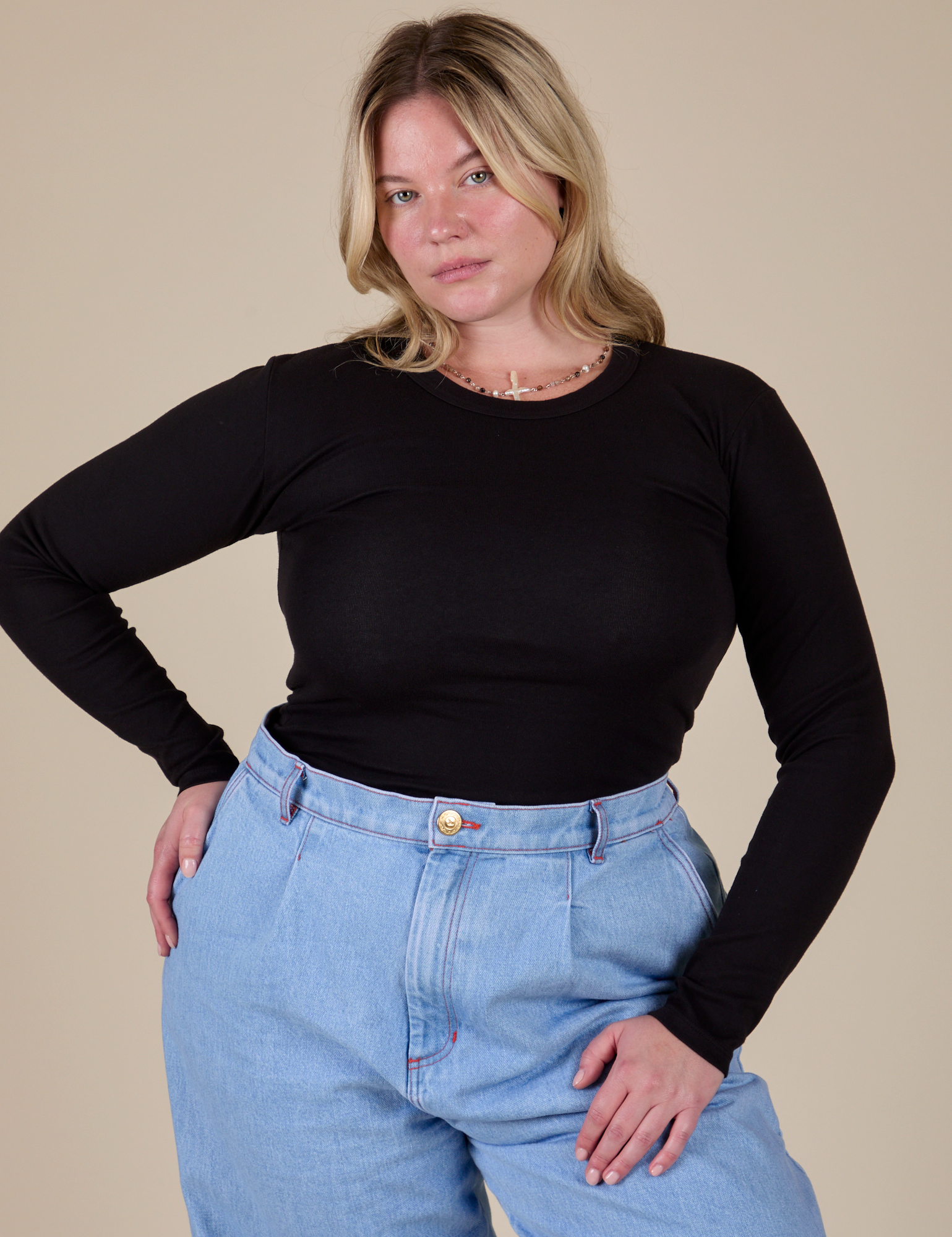 Long Sleeve Baby Tee in Basic Black on Lish