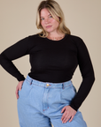 Long Sleeve Baby Tee in Basic Black on Lish